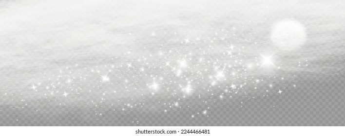 La niebla o el humo resaltan un efecto especial transparente. Vector de nube blanca, niebla o esmog. El brillo de las estrellas a través de una neblina nevada.