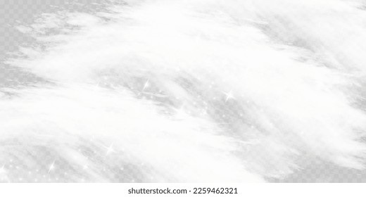 La niebla o el humo resaltan un efecto especial transparente. Vector de nube blanca, tormenta de nieve, tornado. El brillo de las estrellas a través de una neblina nevada.