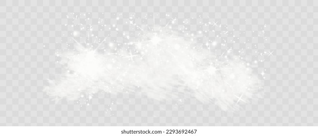 La niebla o el humo resaltan un efecto especial transparente. Vector de nube blanca, tormenta de nieve. brillo de estrellas. niebla nevada en un fondo claro.