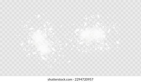 La niebla o el humo resaltan un efecto especial transparente. Vector de nube blanca, tormenta de nieve. brillo de estrellas. niebla nevada en un fondo claro.