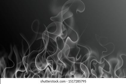 Transparent special effect of hot steam for cafe menu food, meal, tea, coffee, bbq and steak. Vector gas, smoke, fog, fume isolated on dark background. Realistic wavy elements web, print, hookah promo