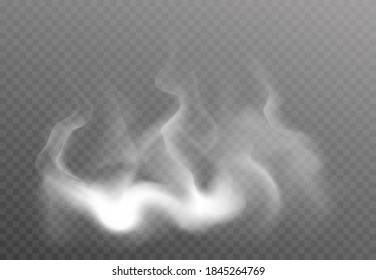 Transparent special effect of hot steam or smoke. Vector gas, fog isolated on dark background. Realistic wavy vector illustration elements.