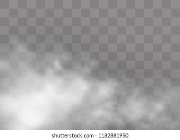 Transparent special effect stands out with fog or smoke. White cloud vector, fog or smog. Vector illustration. White gradient on a transparent background. Rainy weather on a transparent background.