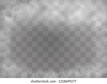 Transparent special effect stands out with fog or smoke. White cloud vector, fog or smog. Vector illustration. White gradient on a transparent background. Rainy weather on a transparent background.