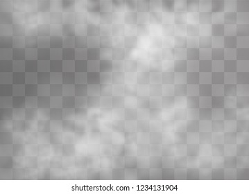 Transparent special effect stands out with fog or smoke. White cloud vector, fog or smog. Vector illustration. White gradient on a transparent background. Rainy weather on a transparent background.