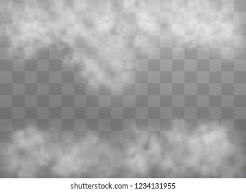 Transparent special effect stands out with fog or smoke. White cloud vector, fog or smog. Vector illustration. White gradient on a transparent background. Rainy weather on a transparent background.