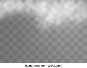 Transparent special effect stands out with fog or smoke. White cloud vector, fog or smog. Vector illustration. White gradient on a transparent background. Rainy weather on a transparent background.