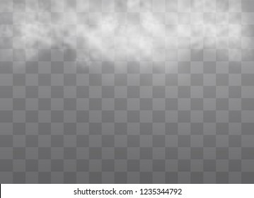Transparent special effect stands out with fog or smoke. White cloud vector, fog or smog. Vector illustration. White gradient on a transparent background. Rainy weather on a transparent background.