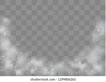 Transparent special effect stands out with fog or smoke. White cloud vector, fog or smog, sparks glitter.  Vector illustration.