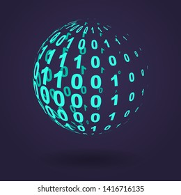 Transparent sphere with zeros and ones, bending around 3d object by figures