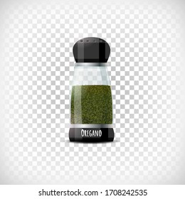 Transparent spice container icon. Oregano shaker mockup. Realistic effect. Lettering Oregano. Design element on transparent background. Vector illustration.