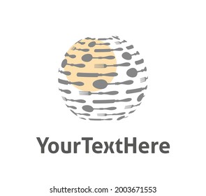 A transparent spinning ball covered with grey cutlery. Ready logo