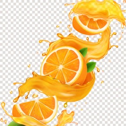 Transparent Splash Sliced Orange Juice 3d Realistic Vector. Citrus Fruit Liquid Symbol, Tropical Summer Drink In A Spiral.