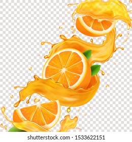 Transparent splash sliced orange juice 3d realistic vector. Citrus fruit liquid symbol, tropical summer drink in a spiral.