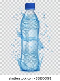 Transparent splashes in light blue colors around a plastic bottle with mineral water. Transparency only in vector file