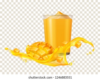 Transparent splashes of mango juice with mango fruit and dessert in a glass. 3d illustration. Realistic vector elements for your design.