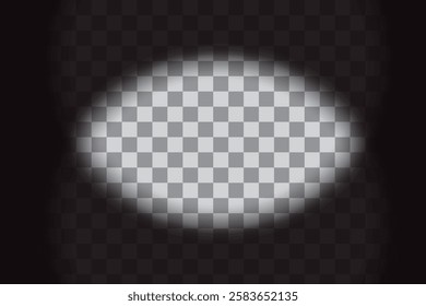 Transparent spotlight background. Checkered vignette overlay. Black gradient edges. Vector glare effect.