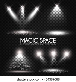 Transparent Spotlight Collection. Scene Illumination. Light Sourses. Realistic Concert, Theater and Showcase Lightning. Vector illustration 