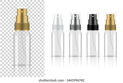 Transparent Spray Bottle. 3D Mock up Realistic Cosmetic or Lotion for Skincare Product Packaging With metallic, White, Black and Gold Cap on Background Illustration