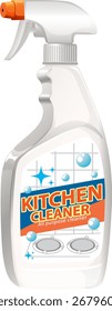 Transparent spray bottle with kitchen cleaner label, vector style, bright colors, isolated on white