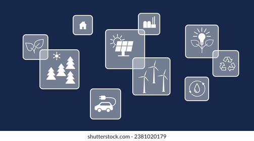 Transparent square buttons on the screen and icons renewable technologies