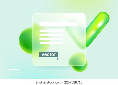 Transparent square card screen in Glassmorphism style with checkmark icon and spheres. Eco friendly vector template for payment app, business, and advertising banners, receipt design.