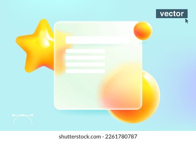 Transparent square card screen in Glassmorphism style with gold star logo. Vector 3D achievement icon. Matte glass with blur effect. UI elements for bookmark, favorite, best, winner, success page.