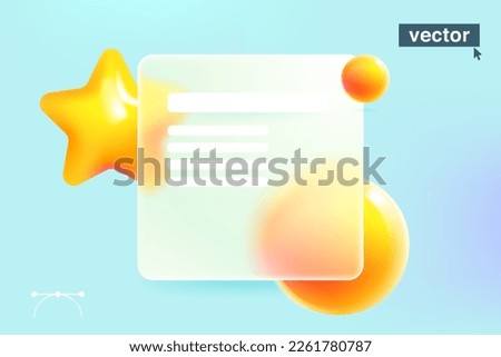 Transparent square card screen in Glassmorphism style with gold star logo. Vector 3D achievement icon. Matte glass with blur effect. UI elements for bookmark, favorite, best, winner, success page.
