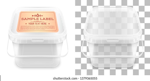Transparent Square Empty Plastic Bucket With Label For Storage Of Foodstuff, Butter, Paint Or Plaster. Top View. Vector Packaging Mockup Illustration.