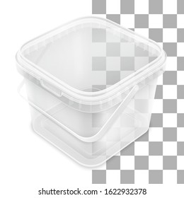 Transparent square empty plastic bucket with handle for storage of foodstuff, paint or plaster. Top view from the corner. Vector packaging mockup illustration.