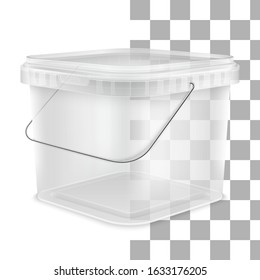 Transparent square empty plastic bucket with lowered metallic handle for storage of foodstuff, paint or plaster. Front view from the corner. Vector packaging template illustration.