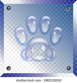 Transparent square glass icon with animal paw print. EPS10