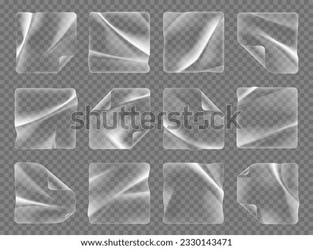 Transparent square plastic stickers, overlay adhesive patches realistic 3d vector mockup. Set of see-through pvc shrunken labels, wrinkled emblems perfect for labeling or decorating, fixing and repair
