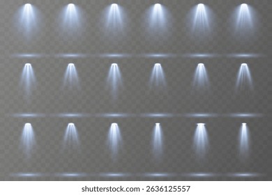 Transparent stage light beams for digital composition use.
Soft rays create clean focus on abstract stage.
Spotlight glow reflects on polished black flooring.
Studio projector icons shine
