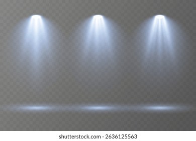 Transparent stage light beams for digital composition use.
Soft rays create clean focus on abstract stage.
Spotlight glow reflects on polished black flooring.
Studio projector icons shine