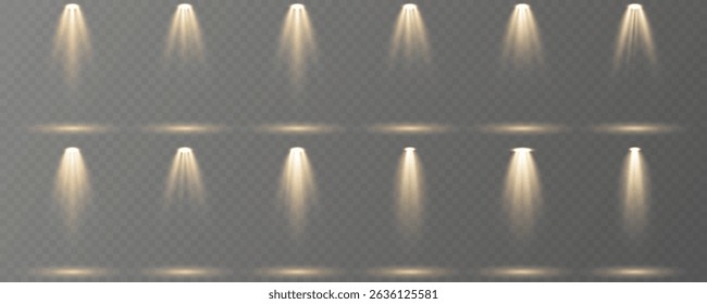 Transparent stage light beams for digital composition use.
Soft rays create clean focus on abstract stage.
Spotlight glow reflects on polished black flooring.
Studio projector icons shine