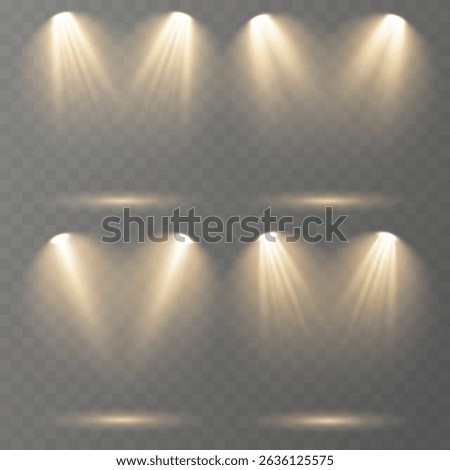 Transparent stage light beams for digital composition use.
Soft rays create clean focus on abstract stage.
Spotlight glow reflects on polished black flooring.
Studio projector icons shine
