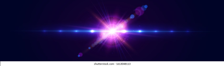Transparent Star Light Special Lens Flare Effect. Spotlight Flash with Rays. Bright Star Burst with Sparkles. Disco Party Design Element for Poster, Card, Banner. Vector Illustration.