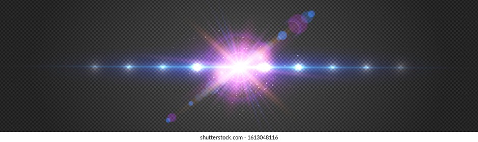 Transparent Star Light Special Lens Flare Effect. Spotlight Flash with Rays. Bright Star Burst with Sparkles. Disco Party Design Element for Poster, Card, Banner. Vector Illustration.