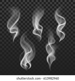 Transparent steam, cigarette smoke waves, fog texture vector set. Transparent smoke abstraction, illustration of template smoke isolated in checkered backdrop