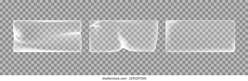 Transparent Sticker. Plastic Adhesive Tape. Mockup Of Glued Crumpled Label. Icon Of Clear Texture. 3d Stickers Isolated On Transparent Background. Realistic Patch With Corner. Vector.