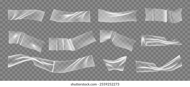 Transparent stickers or adhesive stripes with badly glued effect. Vector isolated set of realistic package duct tape with wrinkles and crumpled texture. Strips for parcels and boxes , badges