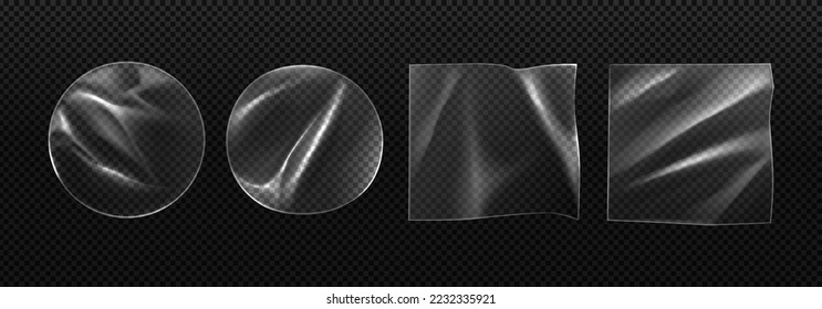 Pegatinas o parches transparentes, plástico arrugado o película de pvc. Etiquetas adhesivas reducidas que se burlan de formas redondas y cuadradas. Emblemas aislados, insignias o etiquetas, ilustración vectorial 3d realista, conjunto