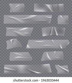 Transparent sticky tape. Adhesives crumpled realistic bandage fix tape with glue wrap objects decent vector illustrations isolated