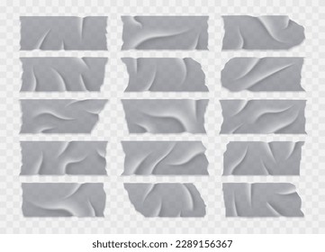 Transparent sticky tape. Realistic clear plastic adhesive tape, sticky foil strip with folds and crease. Vector crumpled bandage set	