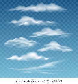 Transparent storm clouds. Different beautiful white and smoke cloud set isolated on transparent background for blue sky