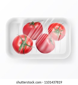 Transparent Stretch Film Covered Disposable Plastic Food Container With Tomatos. EPS10 Vector