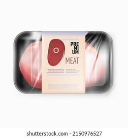 Transparent Stretch Film Covered White Disposable Plastic Beef Container With Label. EPS10 Vector