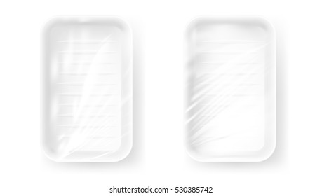 Contenedor De Comida De Plástico Vacío Blanco Y Transparente Con Película De Estiramiento. Vector EPS10