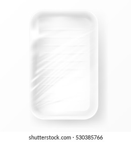 Contenedor De Comida De Plástico Vacío Blanco Y Transparente Con Película De Estiramiento. Vector EPS10